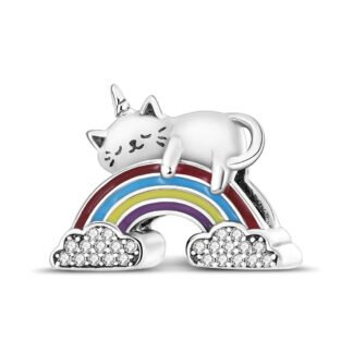 Silver Unicorn White Cat Sleeping on Rainbow Charm