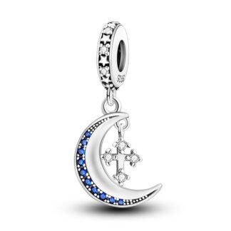 Silver Crescent Moon Blue Gems Cross Charm