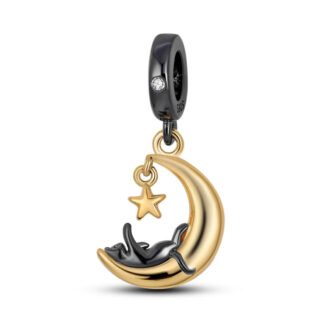 Silver Golden Crescent Moon Star Black Cat Play Charm