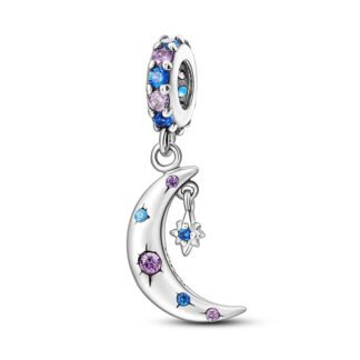 Silver Crescent Moon Blue and Purple Gems Charm
