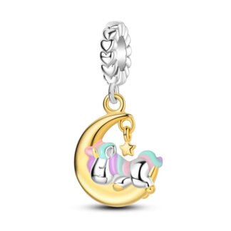 Silver Unicorn Sleeping Golden Crescent Moon Charm