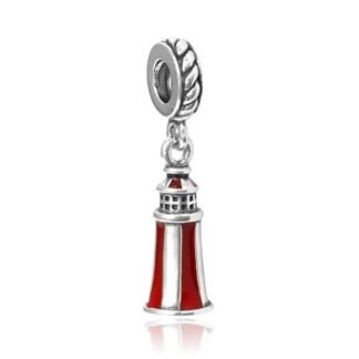 Silver and Red Thin Lighthouse Charm
