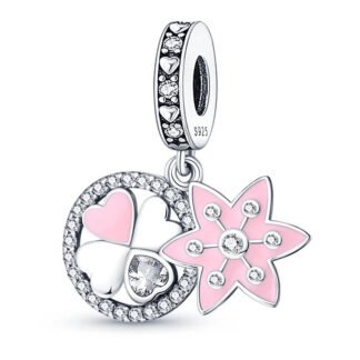 Silver Geometric Pink Flower Lucky Clover Ring Charm