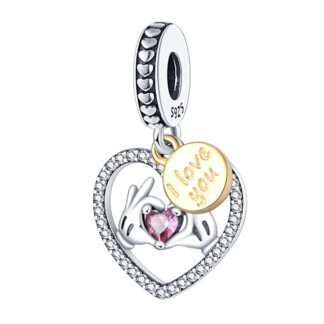 Silver Heart Love You Gloved Hands Pink Heart Gem Charm