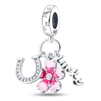 Silver Lucky Horseshoe Pink Cherry Blossom Charm