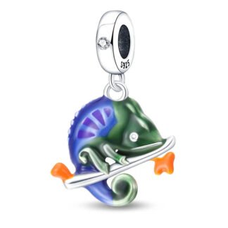 Silver Branch Green Blue Chameleon Charm
