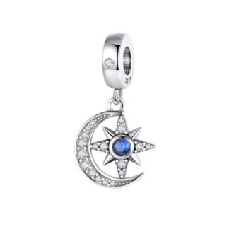 Silver Sparkly Crescent Moon Star Blue Gem Charm
