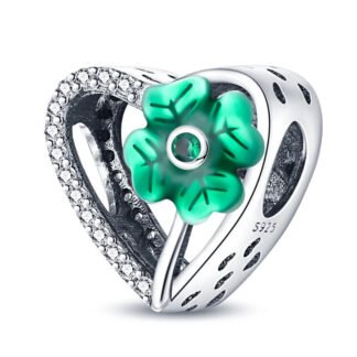 Silver Health Sparkly Heart Green Lucky Clover Charm
