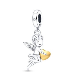 Silver Angel Boy Golden Heart Charm