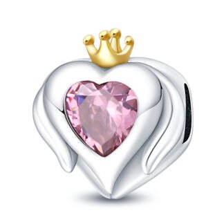 Silver Royal Heart Pink Gem Golden Crown Charm