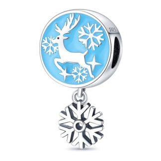 Silver Round Blue Snowflakes Deer Winter Charm