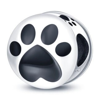 Silver Round Big Black Paw Print Charm