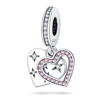 Silver Double Hearts Sparkles and Pink Gems Charm