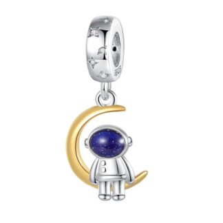 Silver Astronaut Sitting on Golden Crescent Moon Charm