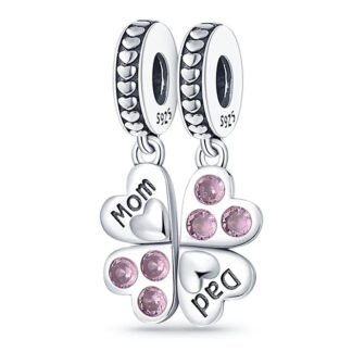 Silver Lucky Clover Pairs Parent Mom Dad Pink Gems Charm