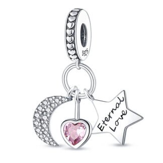 Silver Eternal Love Star Crescent Moon Pink Heart Gem Charm