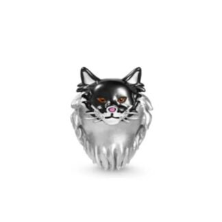 Silver Bearded Black Cat Head Charm