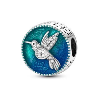 Silver Round Blue Hues Hummingbird Charm