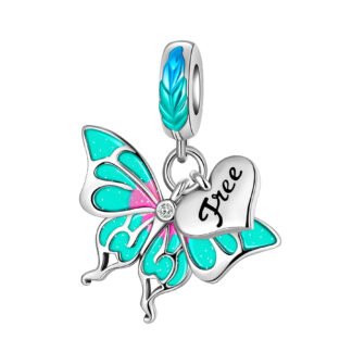 Silver Free Heart Teal Glittery Butterfly Charm