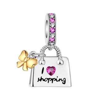 Silver Love Shopping Golden Bow Bag Pink Heart Gems Charm