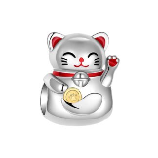 Silver Maneki Neko Cat Golden Paw Coin Japanese Charm