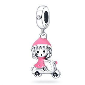 Silver Surprised Pink Girl Riding Motorbike Charm