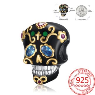 Silver Ornate Black Sugar Skull Golden Lines Cultural Charm