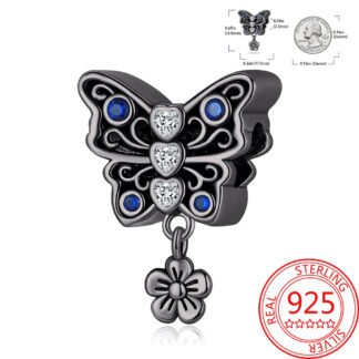 Silver Black Ornate Butterfly Blue Gems Flower Dangle Charm