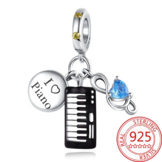 Silver Musical Pendent Keyboard Blue Heart Gem Charm