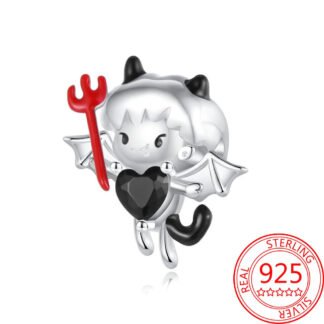 Silver Little Demon Red Trident Black Heart Gem Charm