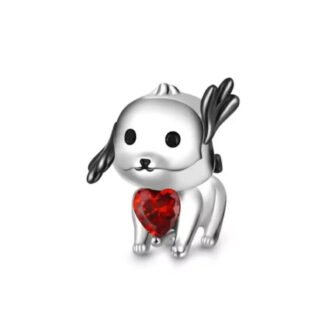 Silver Puppy Dog One Ear Up Red Heart Gem Charm