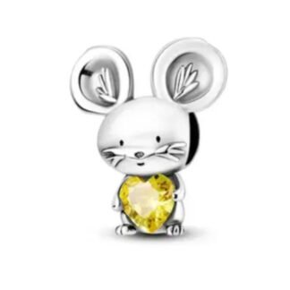 Silver Mouse Holding Yellow Heart Gem Charm