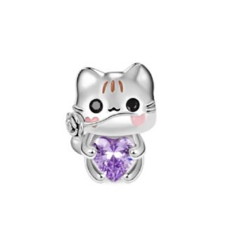 Silver Baby Kitty Cat Purple Heart Gem Charm