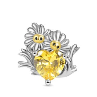 Silver Double Daisies Yellow Heart Gem Flowers Charm