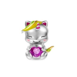 Silver Baby Unicorn Sitting Magenta Heart Gem Charm