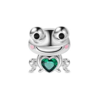 Silver Happy Frog Green Heart Gem Charm