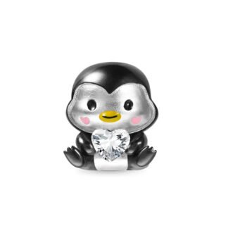 Silver Small Black Baby Penguin White Heart Gem Charm