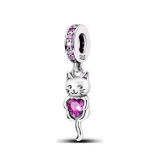 Silver Goofy Cat Magenta Heart Gem Charm