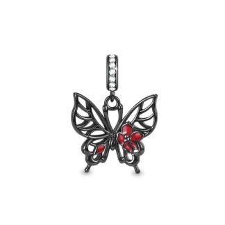 Silver Black Butterfly Frame Red Flower Charm