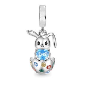 Silver Cute Easter Bunny Blue Heart Gem Charm