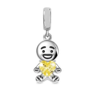 Silver Simple Gingerbread Man Yellow Heart Gem Charm