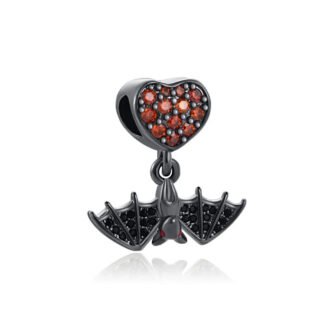 Silver Black Bat Hanging Orange Gems Heart Charm