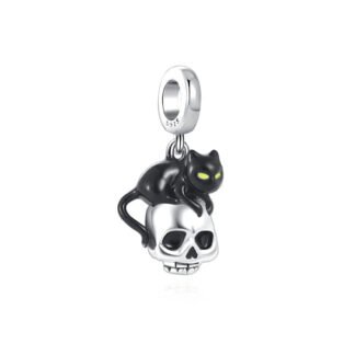 Silver Skull Black Cat Guarding Charm