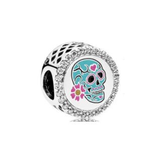 Silver Round Vivid Teal Sugar Skull Charm