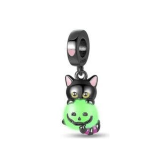 Silver Cut Black Cat Neon Green Pumpkin Halloween Charm