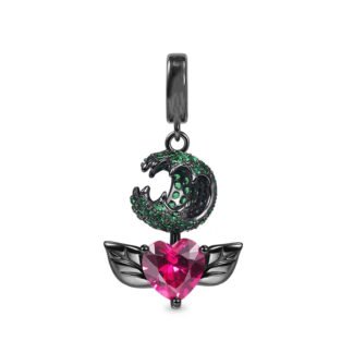 Silver Black Carnivorous Green Plant Pink Heart Gem Charm