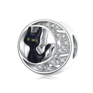 Silver Sparkly Crescent Moon Black Cat Charm