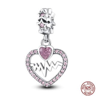 Silver Stars Pink Gems Heart Rate Charm