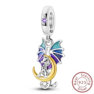 Silver Hues Wing Dragon Golden Crescent Moon Charm