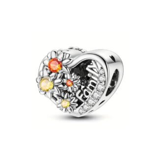 Silver Heart Daisies Flowers Gems Family Charm